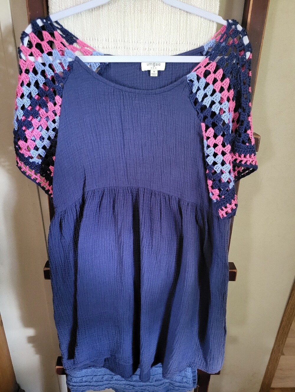 Umgee Navy Blue Tunic with Pink & Light Blue Crochet Sleeves